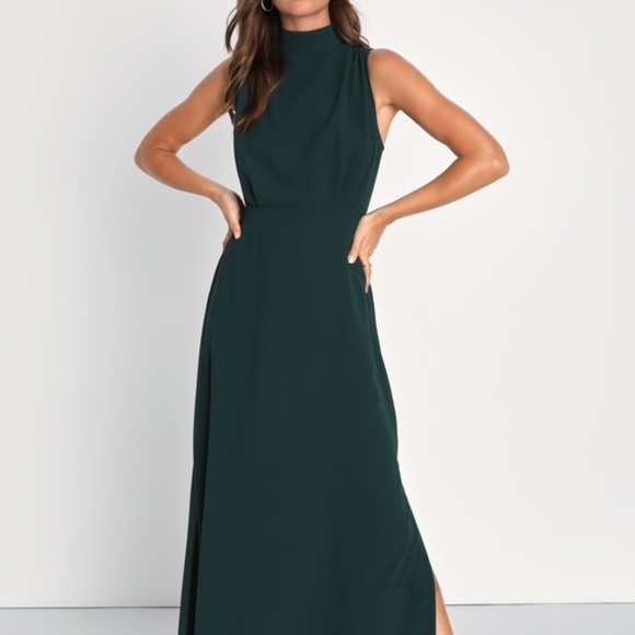 Lulus Classic Elegance Emerald Chiffon Sleeveless Mock Neck Maxi Dress Green - Picture 1 of 1